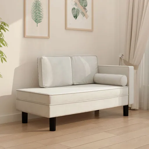 Chaise Longue com Almofadões e Rolo Veludo Cor Creme