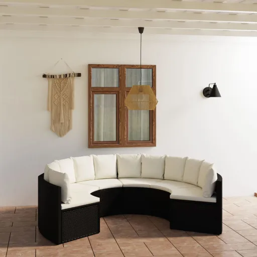 Conjunto Sofás de Jardim c/ Almofadões Vime PE Preto (6 pcs)