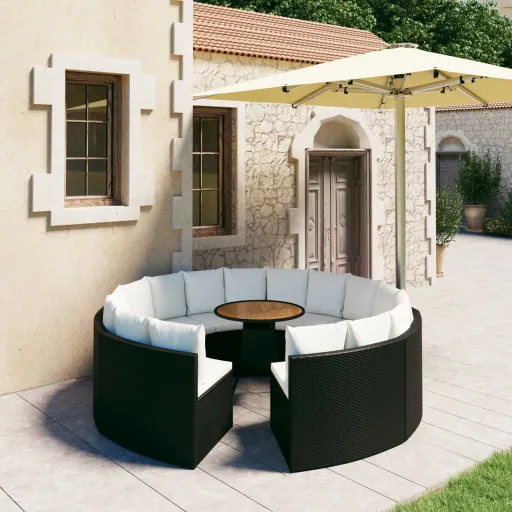 Conjunto Sofás de Jardim c/ Almofadões Vime PE Preto (9 pcs)