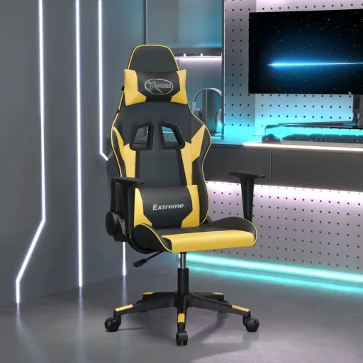 Cadeira Gaming Couro Artificial Preto e Dourado