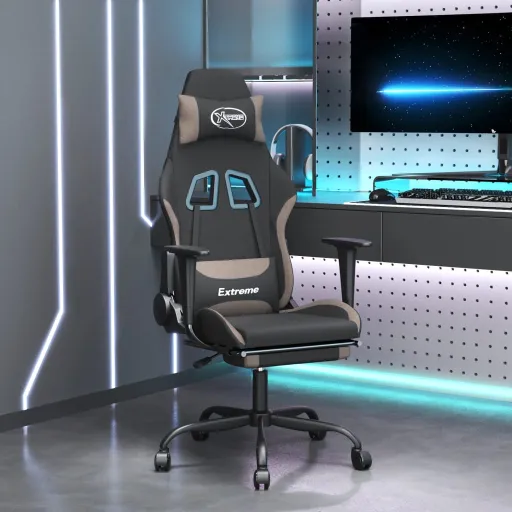 Cadeira de Gaming c/ Apoio Pés Tecido Preto/Cinza-Acastanhado