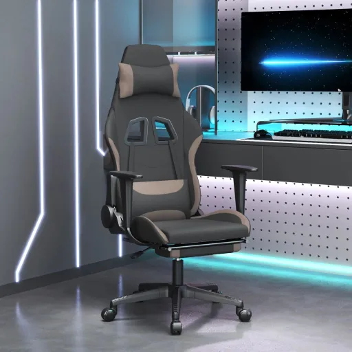 Cadeira de Gaming c/ Apoio Pés Tecido Preto/Cinza-Acastanhado