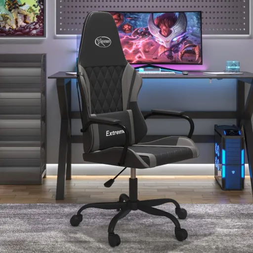 Cadeira Gaming Couro Artificial Preto e Cinzento