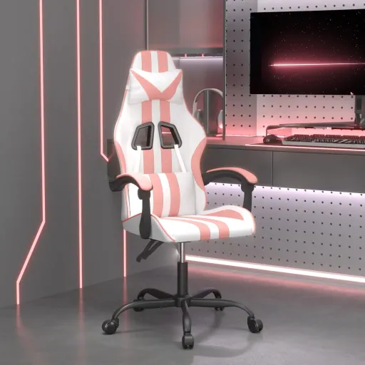 Cadeira Gaming Couro Artificial Branco e Rosa
