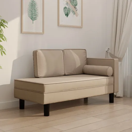 Chaise Longue com Almofadões e Rolo Couro Artificial Cappuccino