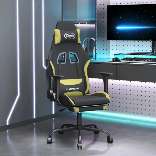 Cadeira de Gaming com Apoio de Pés Tecido Preto e Verde-Claro