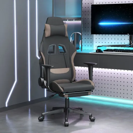 Cadeira de Gaming com Apoio de Pés Tecido Preto e Taupe