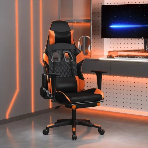 Cadeira Gaming Massagem c/ Apoio Pés Couro Artif. Preto/Laranja