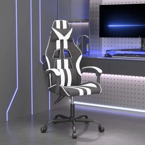 Cadeira Gaming Giratória Couro Artificial Preto e Branco