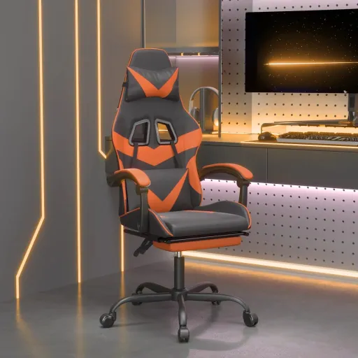 Cadeira Gaming Giratória+Apoio Pés Couro Artif. Preto/Laranja