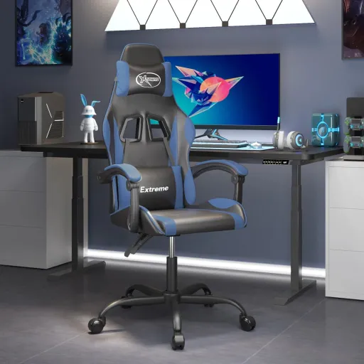 Cadeira Gaming Giratória Couro Artificial Preto e Azul