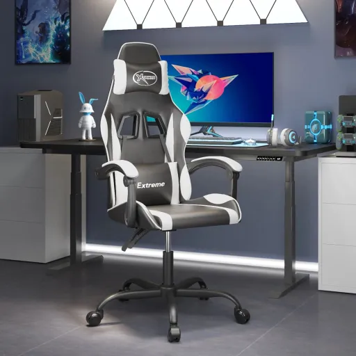 Cadeira Gaming Giratória Couro Artificial Preto e Branco