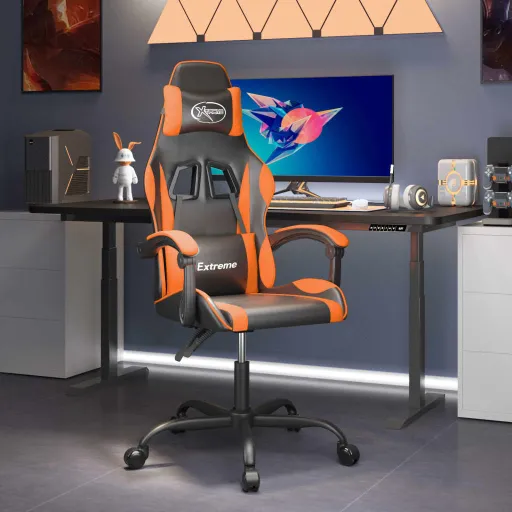 Cadeira Gaming Giratória Couro Artificial Preto e Laranja