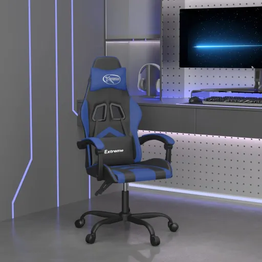 Cadeira Gaming Giratória Couro Artificial Preto e Azul