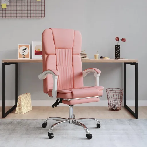 Cadeira de Escritório Reclinável Couro Artificial Rosa