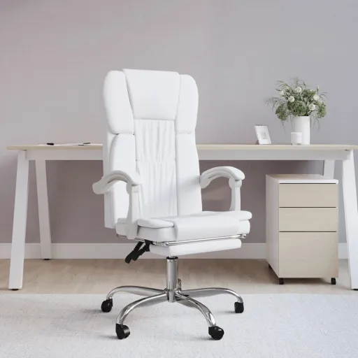 Cadeira de Escritório Reclinável Couro Artificial Branco