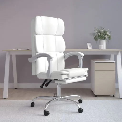 Cadeira de Escritório Reclinável Couro Artificial Branco