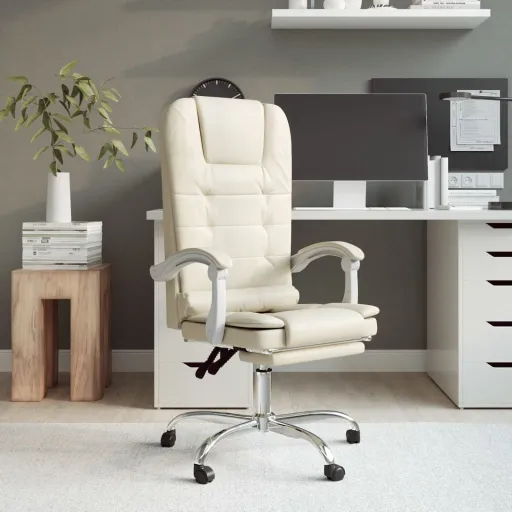 Cadeira Escritório Massagens Reclinável Couro Artificial Creme