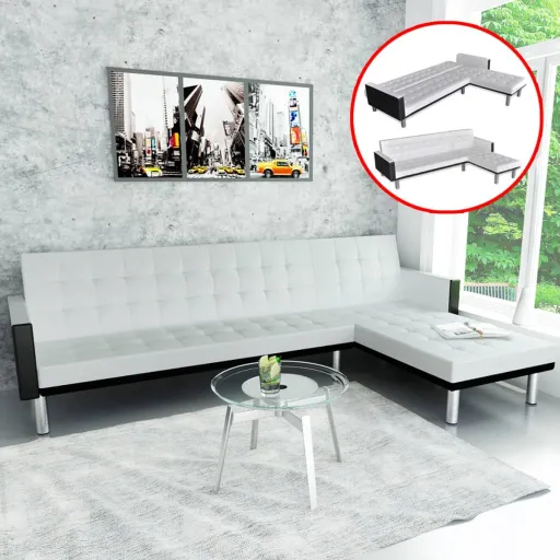 Sofá-Cama em L em Couro Sintético Branco e Preto