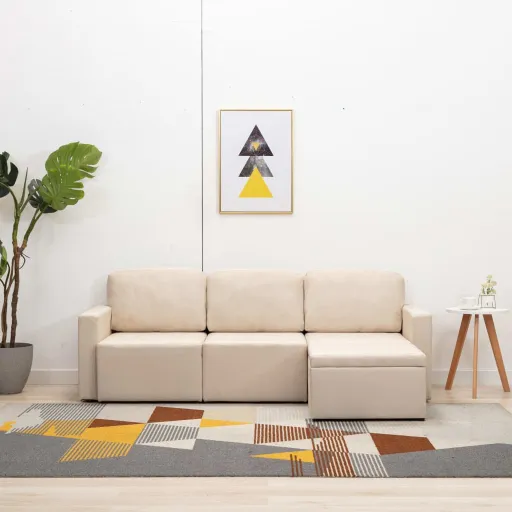 Sofá-Cama Modular de 3 Lugares Tecido Creme