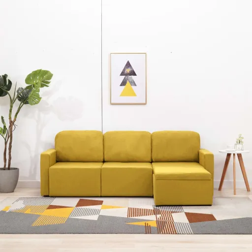 Sofá-Cama Modular de 3 Lugares Tecido Amarelo