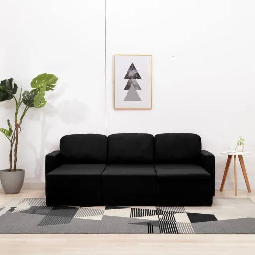 Sofá-Cama Modular de 3 Lugares Tecido Preto
