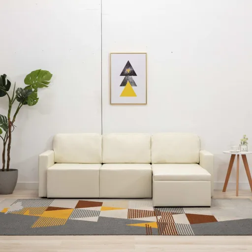 Sofá-Cama Modular de 3 Lugares Couro Artificial Cor Creme