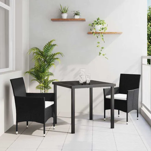 Conjunto de Jantar para Jardim com Almofada   Preto Vime PE (3 pcs)