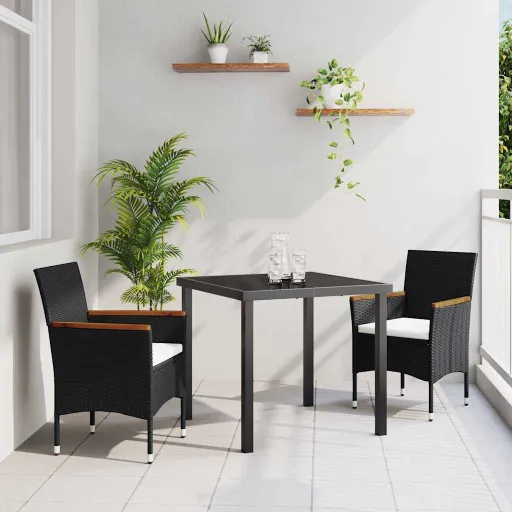 Conjunto de Jantar para Jardim com Almofada   Preto Vime PE (3 pcs)