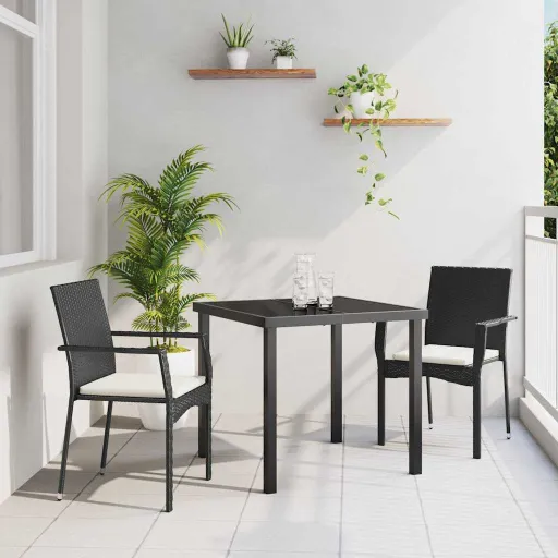 Conjunto de Jantar para Jardim com Almofada   Preto Vime PE (3 pcs)
