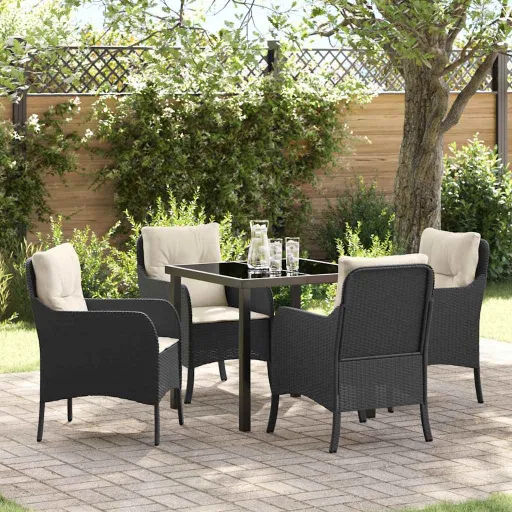 Conjunto de Jantar para Jardim com Almofada   Preto Vime PE (5 pcs)