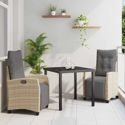Conjunto de Jantar para Jardim com Almofada   Bege Vime PE (3 pcs)