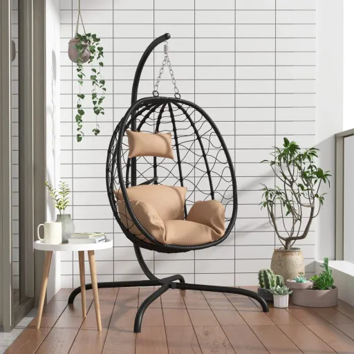 Cadeira Suspensa Egg com Almofada, Vime Sintético e Aço, Cor Taupe