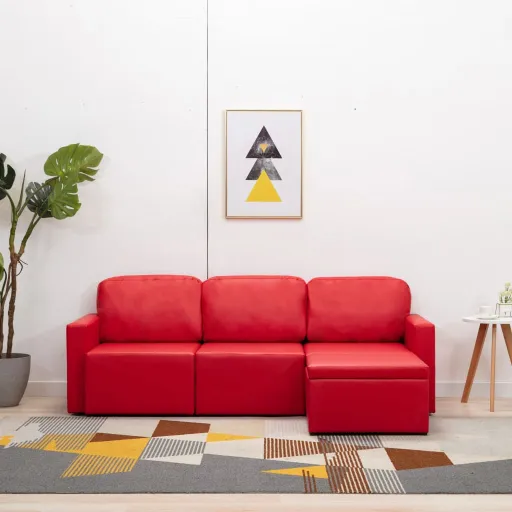 Sofá-Cama Modular de 3 Lugares Couro Artificial Vermelho