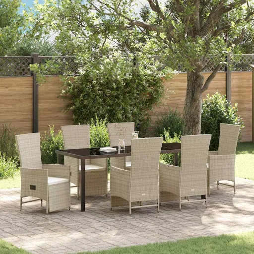 Conjunto de Jantar para Jardim com Almofada   Bege Vime PE (7 pcs)