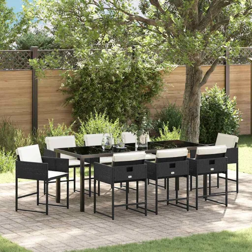 Conjunto de Jantar para Jardim com Almofada   Preto Vime PE (9 pcs)