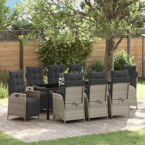Conjunto de Jantar para Jardim   Cinzento-Claro Vime PE (9 pcs)