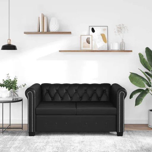 Sofá Chesterfield de 2 Lugares em Couro Artificial Preto