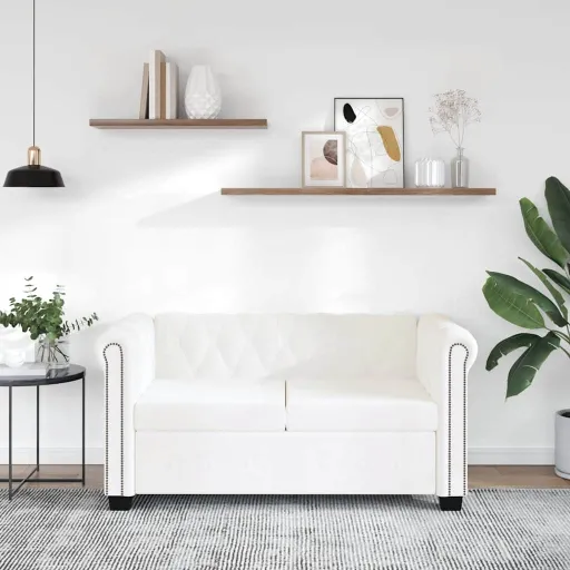 Sofá Chesterfield de 2 Lugares em Couro Artificial Branco