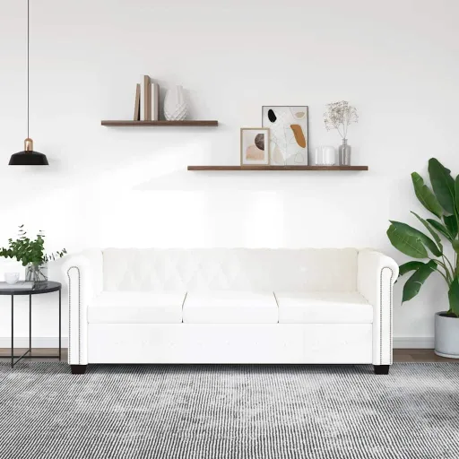 Sofá Chesterfield de 3 Lugares em Couro Artificial Branco