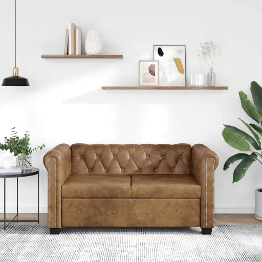 Sofá Chesterfield 2 Lugares Couro Artificial Castanho