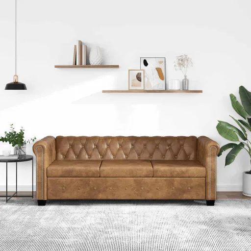 Sofá Chesterfield 3 Lugares Couro Artificial Castanho