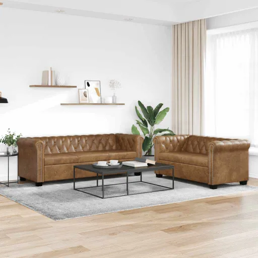 Conjunto de Sofás de 2 + 3 Lugares, Chesterfield, Castanho