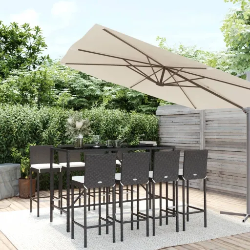 Conjunto de Bar para Jardim c/ Almofadões Vime PE Preto (9 pcs)