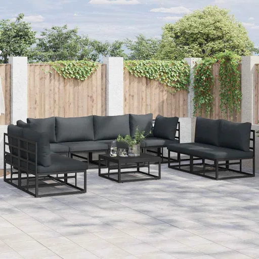 Conjunto de Sofá de Jardim com Almofada   Preto Alumínio (8 pcs)