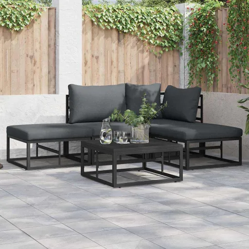 Conjunto de Sofá de Jardim com Almofada   Preto Alumínio (4 pcs)