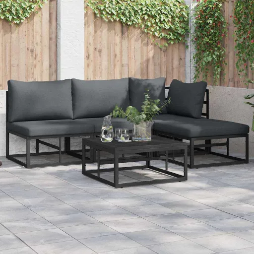 Conjunto de Sofá de Jardim com Almofada   Preto Alumínio (5 pcs)