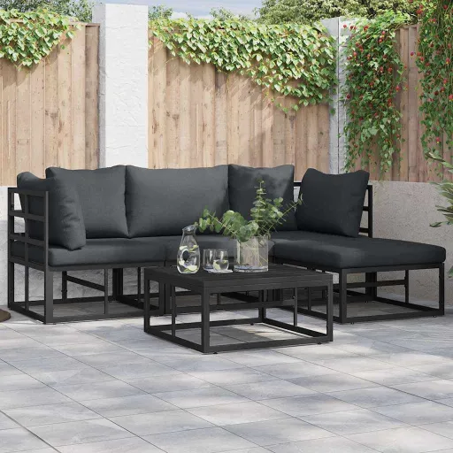 Conjunto de Sofá de Jardim com Almofada   Preto Alumínio (5 pcs)