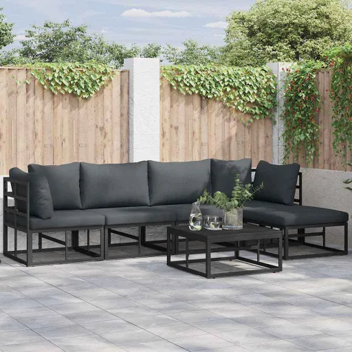 Conjunto de Sofá de Jardim com Almofada   Preto Alumínio (6 pcs)