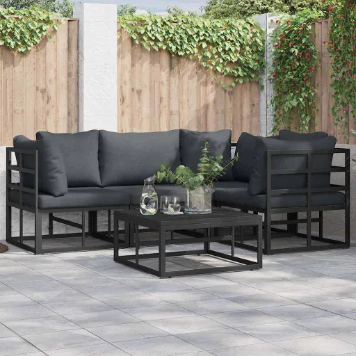 Conjunto de Sofá de Jardim com Almofada   Preto Alumínio (4 pcs)